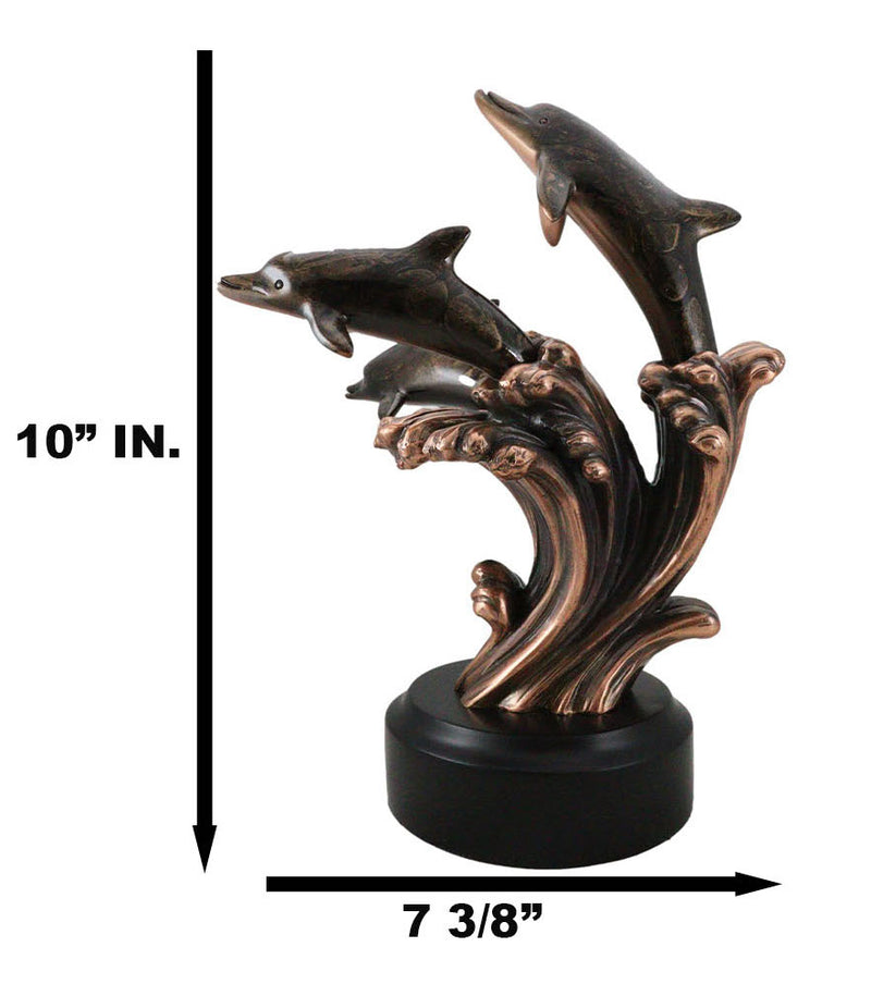 Bronze Electroplated Three Bottlenose Dolphins Riding Over Ocean Waves Statue