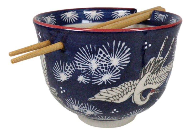 Japanese White Storks In Dark Blue Sky Ramen Soup Bowl With Chopsticks Set
