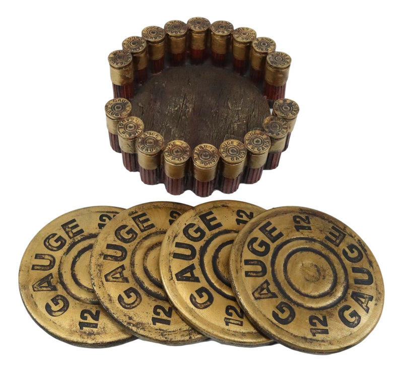 Western Shotgun 12 Gauge Bullet Shells Round Coaster Holder with 4 Coasters Set