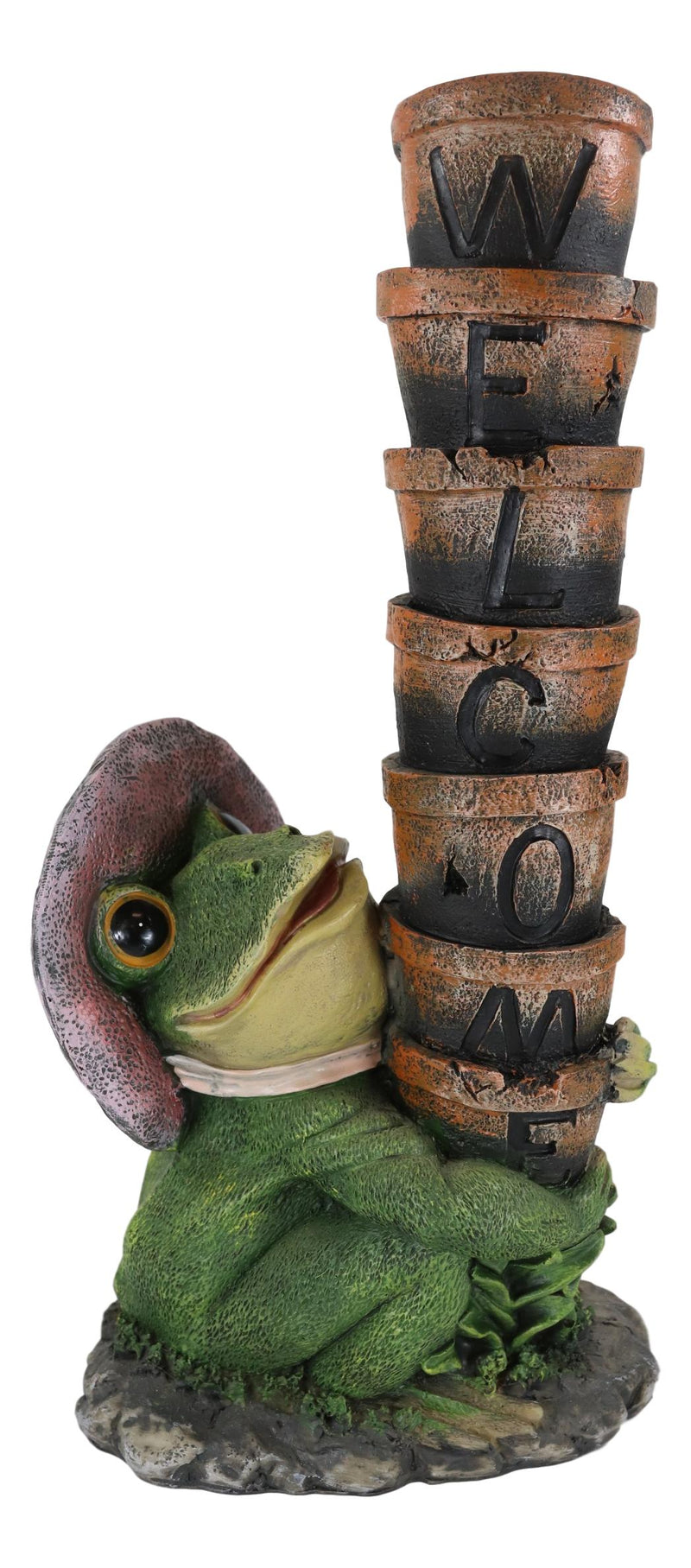 Ebros Green Frog Toad With Pink Hat Juggling Pots Stack With Welcome Sign Figurine 14"