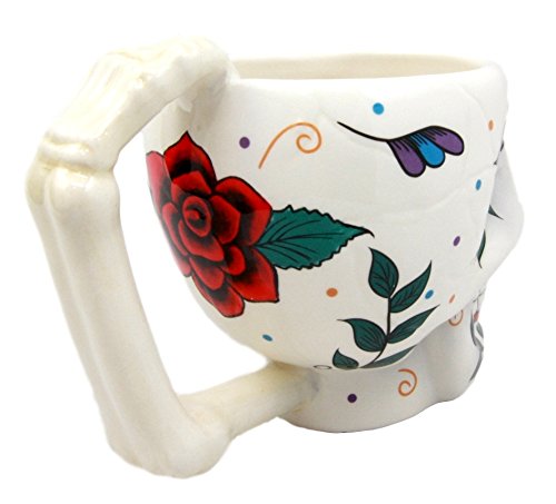 Ebros Gift White Tribal Day of The Dead Red Rose Sugar Skull Drink Coffee Mug Cup Ceramic 6.25"H - Ebros Gift