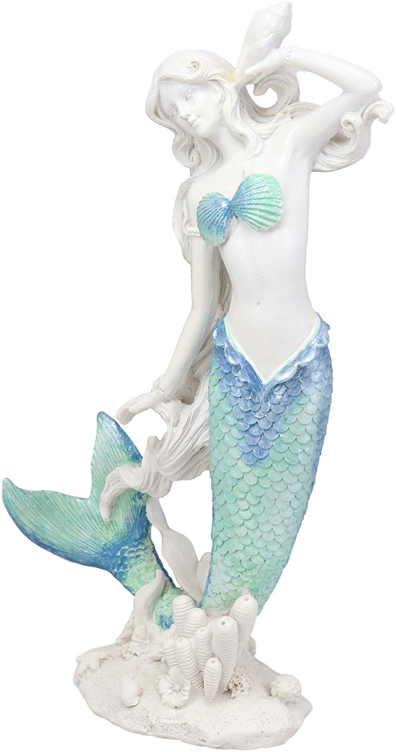 Nautical Capiz Blue Tailed Siren Mermaid Listening To Sea Conch Statue 11.75"H
