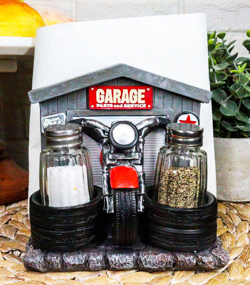 Ebros Vintage Red Chopper Bike Garage Shop Tires Napkin & Salt Pepper Shakers Holder