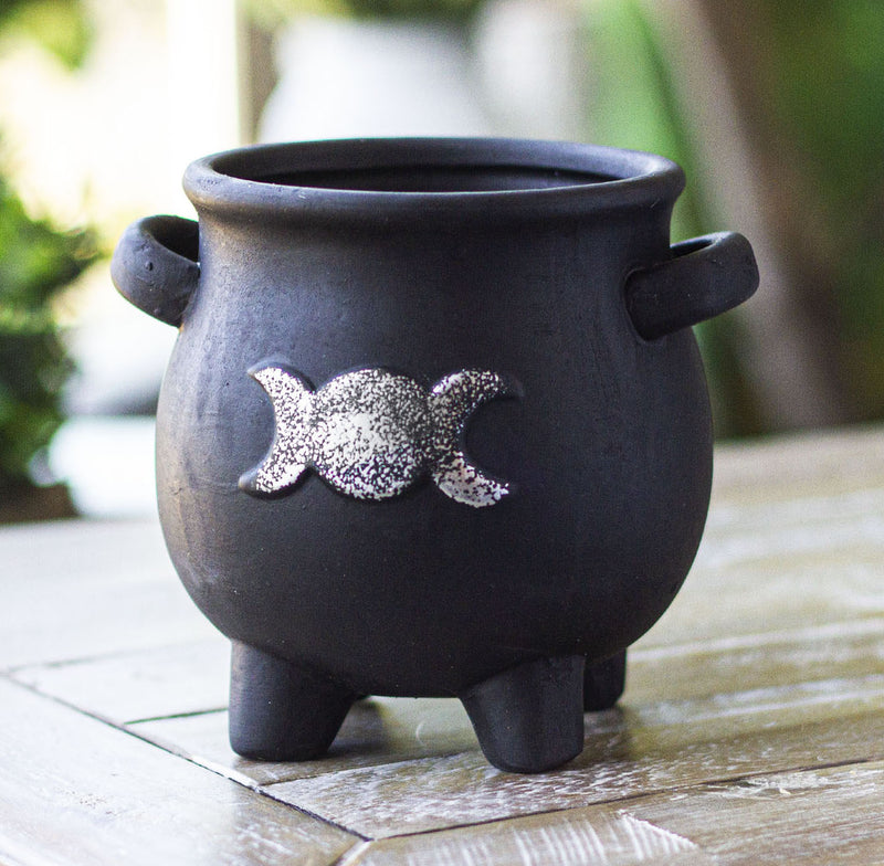 Black Triple Moon Cauldron Terracotta Succulent Plant Planter Pot Or Pen Holder
