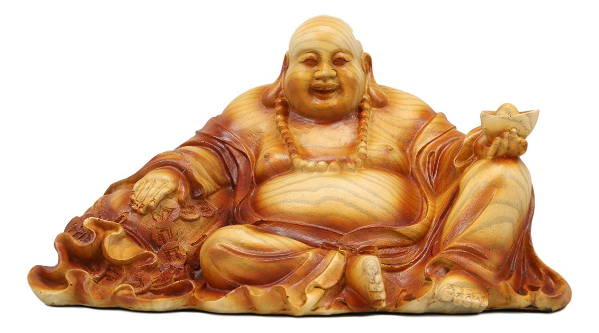 Ebros Feng Shui Hotei Happy Buddha Sitting with Gold Ingot and Money Coins 9" W