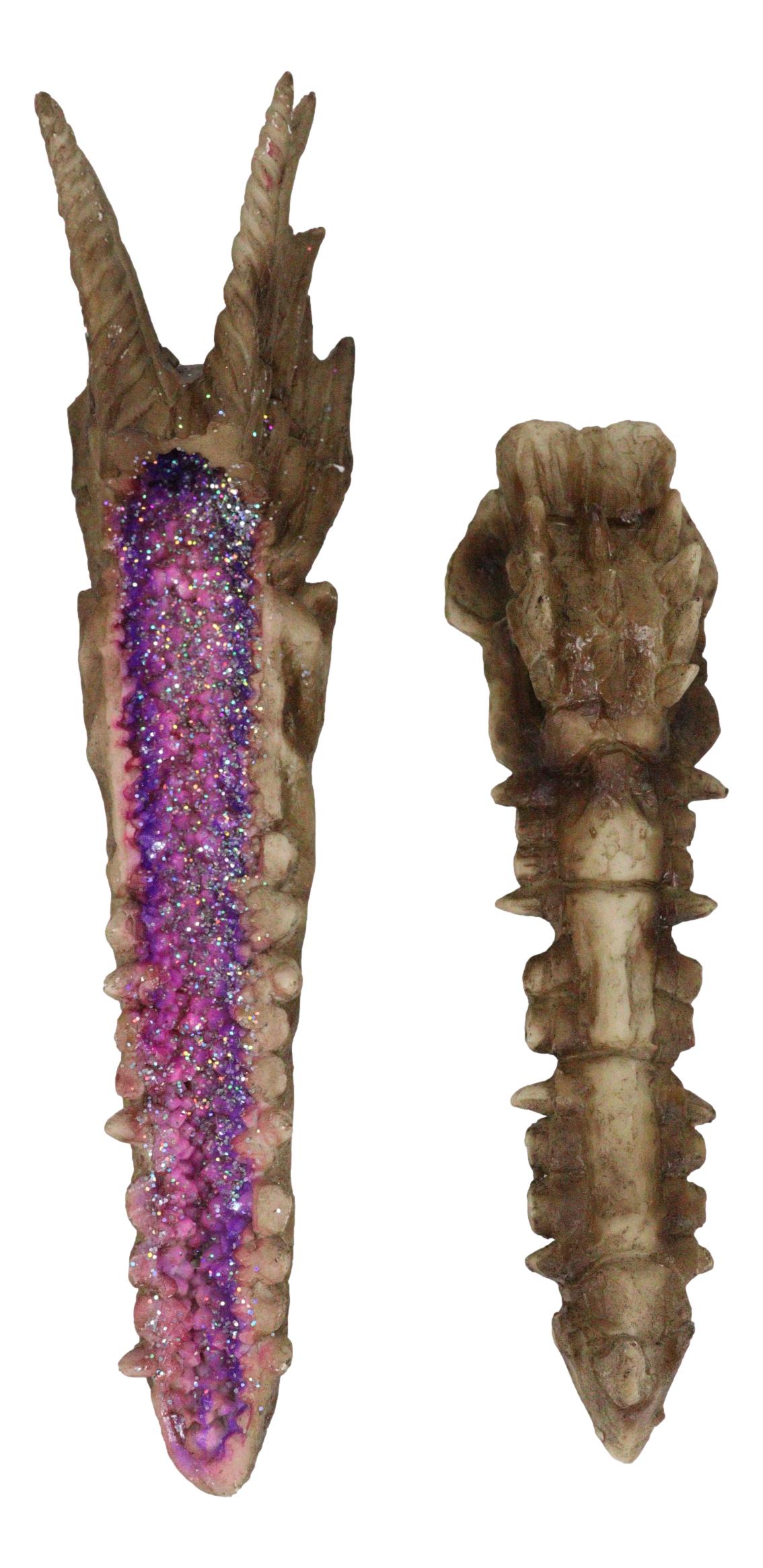 Dragon Fossil Skull Skeleton Incense Burner Box With Purple Faux Crystal Geode - Ebros Gift