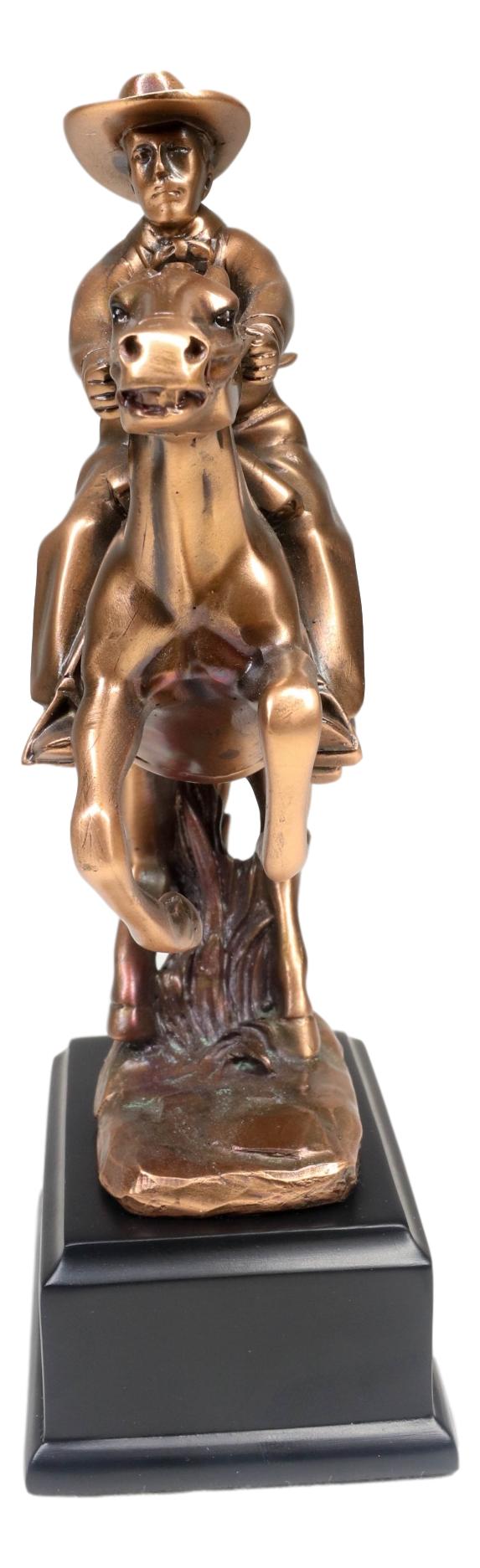 Wild West Cowboy With Rearing Horse In Pursuit Bronze Electroplated Figurine - Ebros Gift