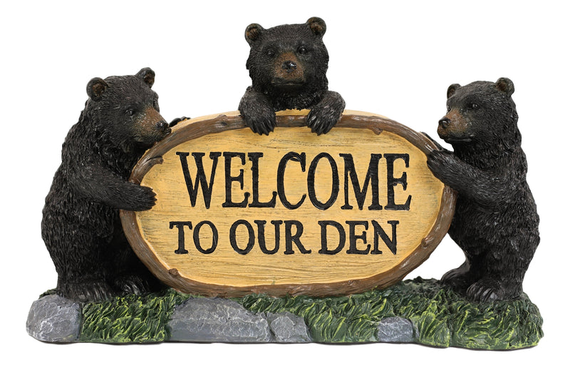 Ebros Welcome To Our Den Rustic Forest Papa Mama Cub Black Bears With Log Sign Statue