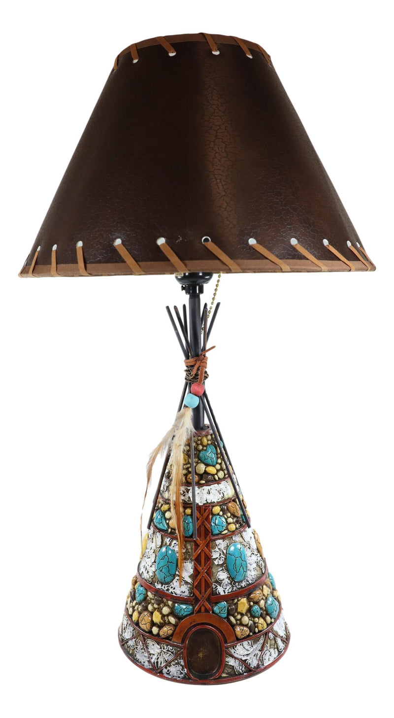 Southwestern Indian Teepee Hut Dreamcatcher Feathers Turquoise Rocks Table Lamp