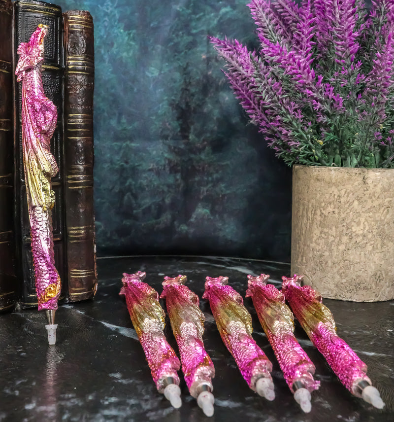 Pack Of 6 Fire Ink Glittered Metallic Pink And Gold Spirit Dragon Pen Figurines