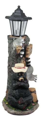 Summer Naps Lazy Bear With Raccoon Friends Welcome Sign Statue With Solar Light
