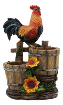 Ebros Sunflower Farm Crowing Rooster Standing On Fence By Old Fashioned Wooden Buckets Glass Salt And Pepper Shakers Holder Figurine 6.5"H Chicken Country Western Decorative Sculpture