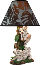 Ebros Tropical Jungle Frolic Climbing Bengal Tiger Cubs Desktop Table Lamp Statue with Monstera Leaves Print Fabric Shade Tiger Home Decor Lighting Accent As Forest Large Cats (Siberian Albino White)