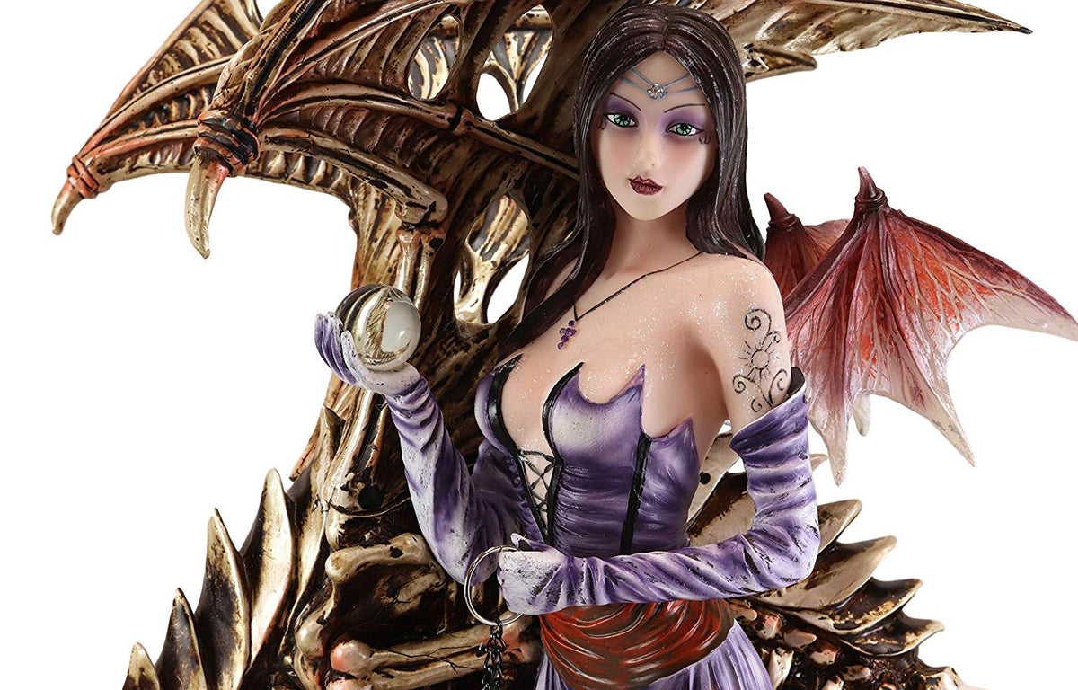 Large 25"H Goth Vampire Fairy In Night Gown With Chained Skeleton Dragon Statue - Ebros Gift
