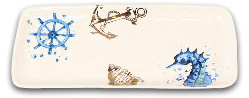 Nautical Marine Blue White Seahorse Helm Shell Ceramic Platter Plate Pack Of 2