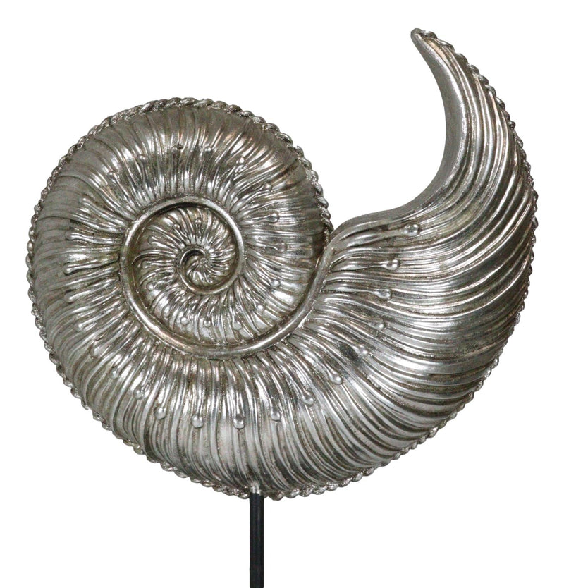 19"H Large Silver Gold Leaf Resin Marine Sea Spiral Nautilus Shell On Pole Stand