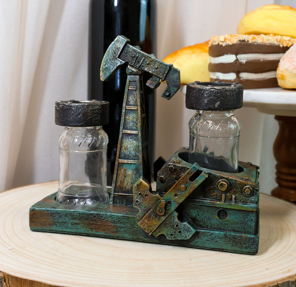 Rustic Vintage Oil Derrick Rig Pump Glass Salt And Pepper Shakers Hold ...