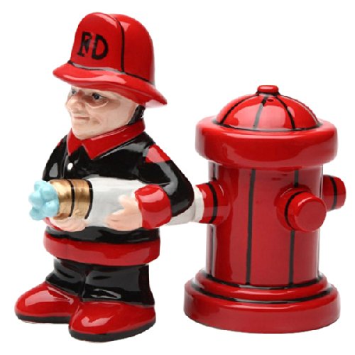 Ebros Fireman with Hose & Hydrant 4 Inch Ceramic Magnetic Salt and Pepper Shaker