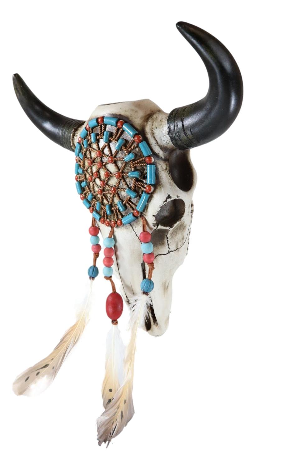 Large Western Native American Turquoise And Red Web Dreamcatcher Bison Cow Skull