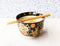 Colorful Floral Summer Blossoms On Black Ramen Soup Bowl With Chopsticks Set