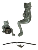 Ebros Large Verdi Green Aluminum Mama Frog and Baby Frog Fishing Garden Statue Bonding Time Whimsical Frog Themed Pond Patio Poolside Decorative Edge Sitter Sculpture Figurine
