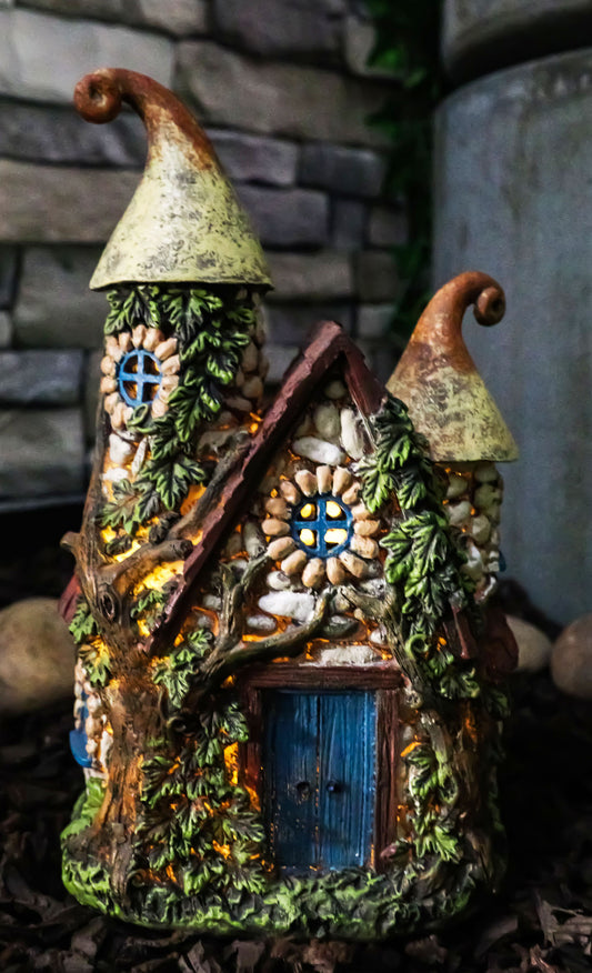 Fairy Garden LED Light Up Cottage Stone House With 2 Roofs Blue Door Figurine