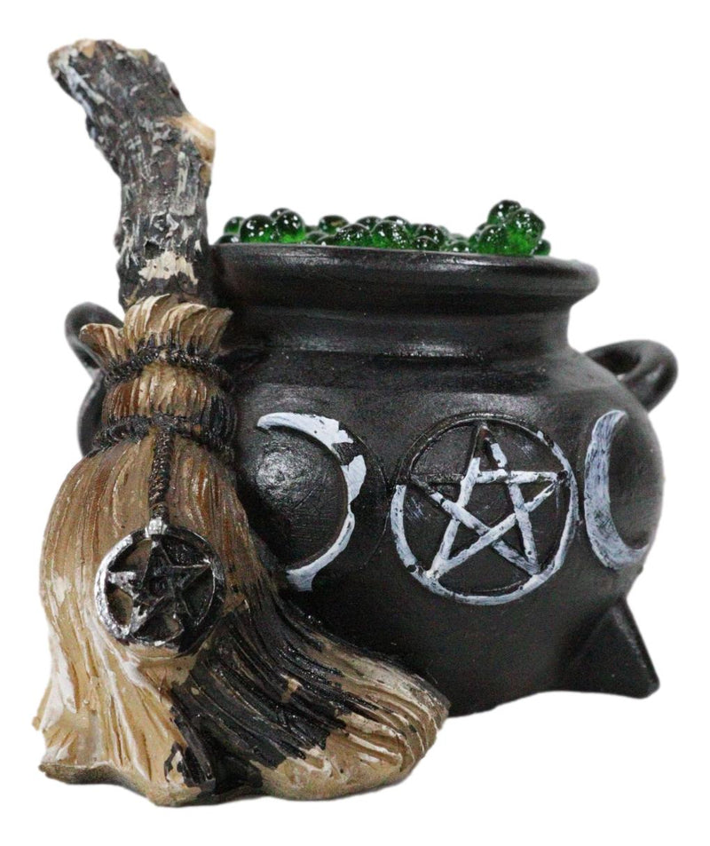 Wicca Triple Moon Goddess Pentagram LED Cauldron And Broomstick Mini Figurine