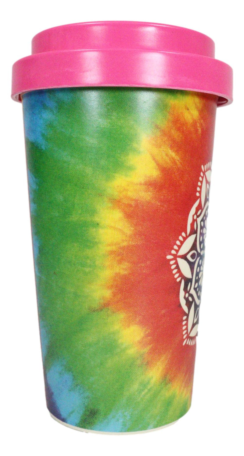 Sacred Rainbow Tie Dye Mandala Flower Reusable Travel Mug Cup W/ Lid And Sleeve