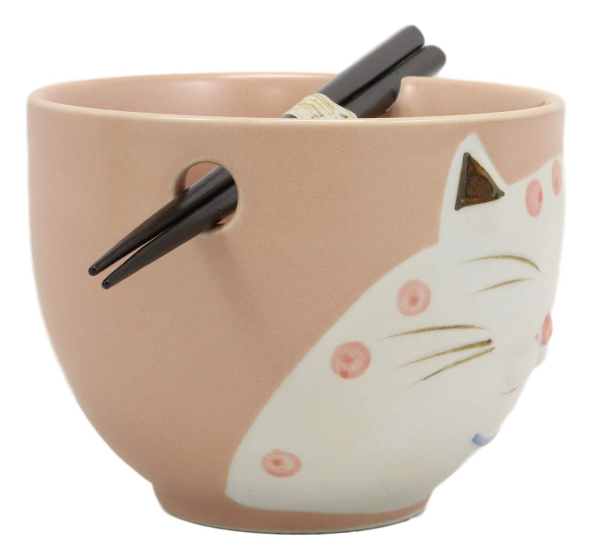Ebros Whimsical Ceramic Pink Lucky Meow Cat Ramen Noodle Bowl and Chopsticks Set