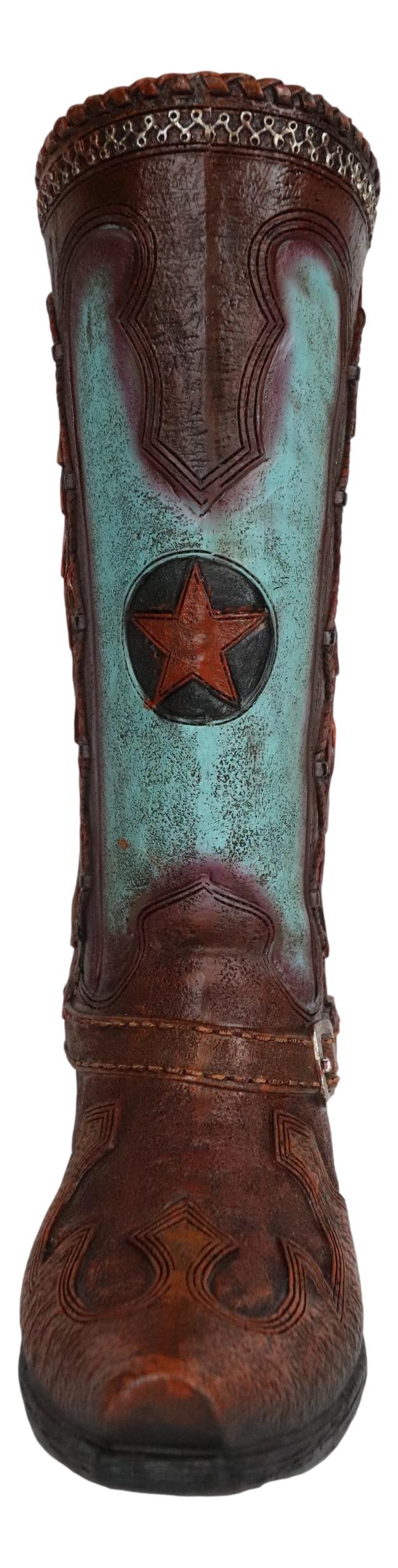 Rustic Country Faux Tooled Leather Western Lone Star Turquoise Cowboy Boot Vase