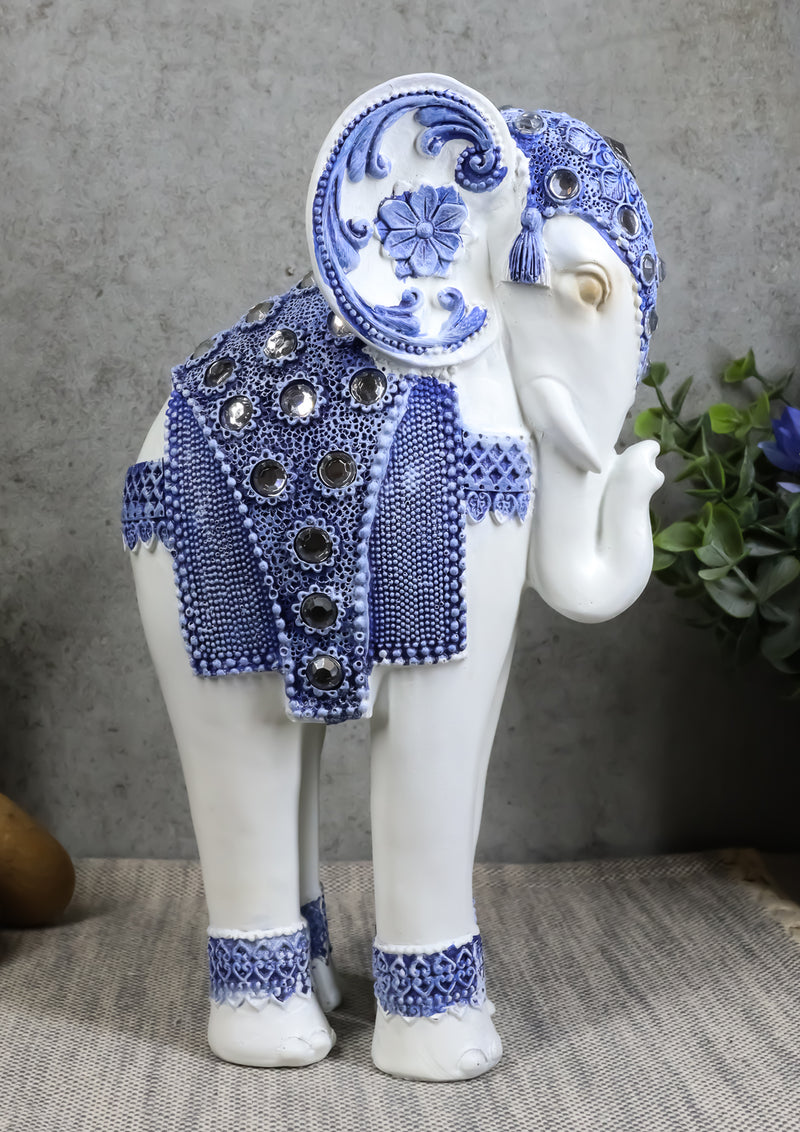 Ebros Feng Shui Ming Style Blue and White Ornate Design with Crystals Resting Elephant Statue 9.25" High