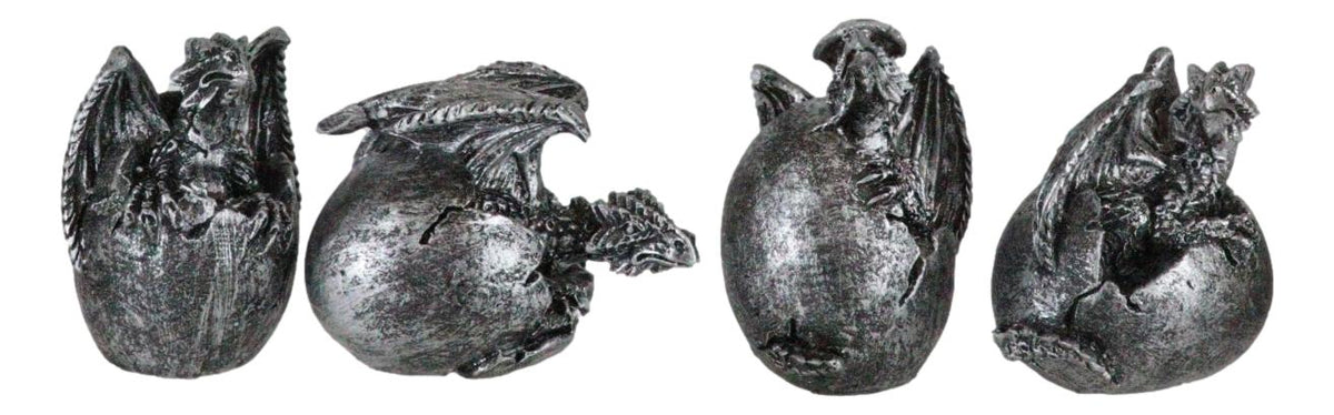 Set of 4 Silver Whimsical Wyrmling Baby Dragon Egg Hatchlings Mini Figurines