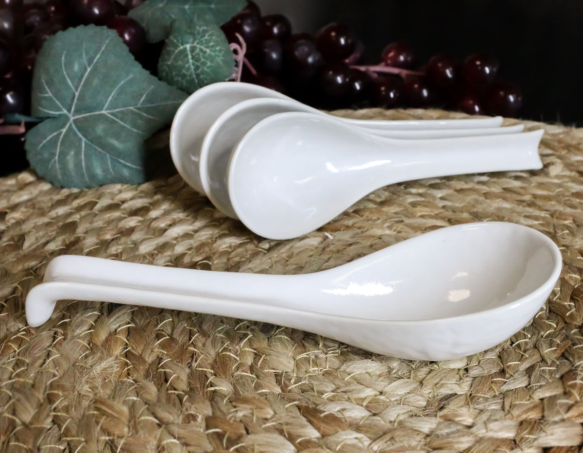 Ebros Japanese Modern Porcelain Soup Spoons With Ladle Hook Pack Of 6 (White) - Ebros Gift