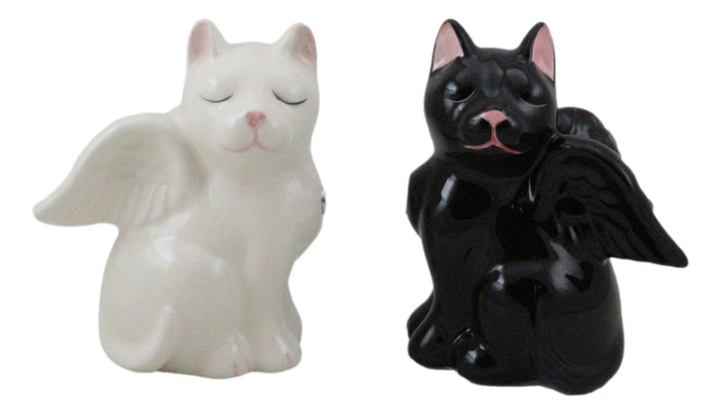 Ceramic Black White Angel Kitty Cats Devil Or Angel Salt And Pepper Shakers Set