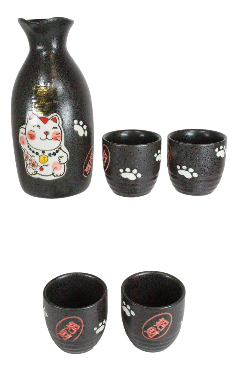 Ebros Gift Japanese Maneki Neko Lucky Charm Cat Glazed Ceramic Black Sake Set Flask With Four Cups Great Asian Living Home Decor and Gift For Housewarming Special Friendship Eastern Decorative Party Set