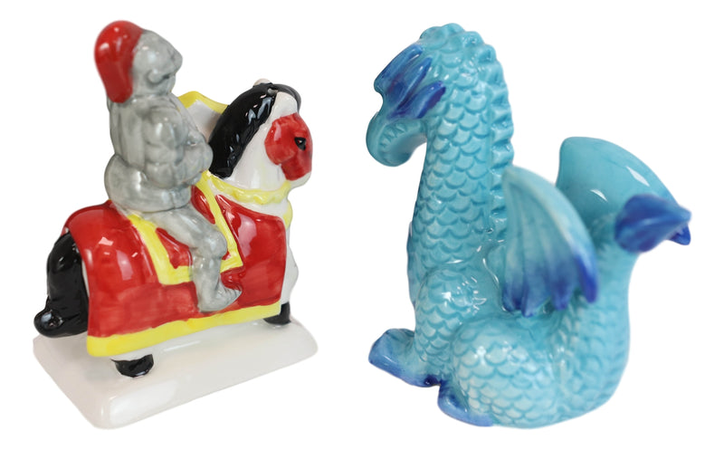 Ceramic Saint George The Knight And Blue Dragon Salt Pepper Shakers Figurine Set