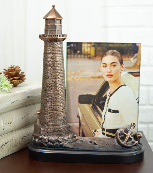 Nautical Marine Lighthouse And Ship Anchor Statue With 5"X7" Glass Photo Frame - Ebros Gift