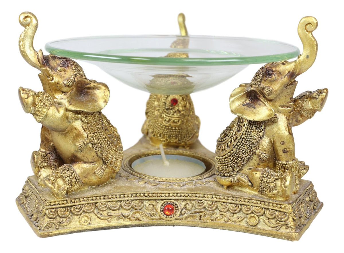 Ebros Feng Shui Golden Thai Buddha Elephants Trumpeting Candle Oil Warmer Statue