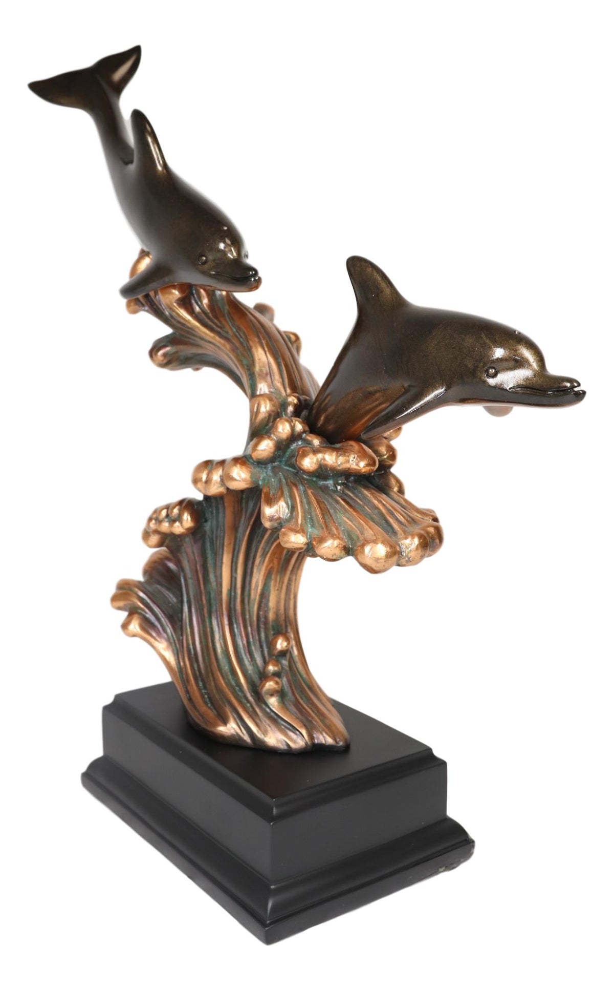 Ebros Nautical Marine 2 Dolphins Surfing Ocean Waves Electroplated Bronze Resin Statue - Ebros Gift