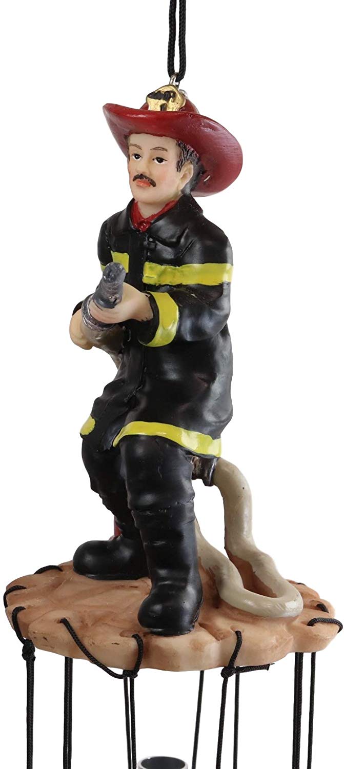 In Line of Duty Fireman With Fire Hose By Red Hydrant Wind Chime Garden Decor - Ebros Gift