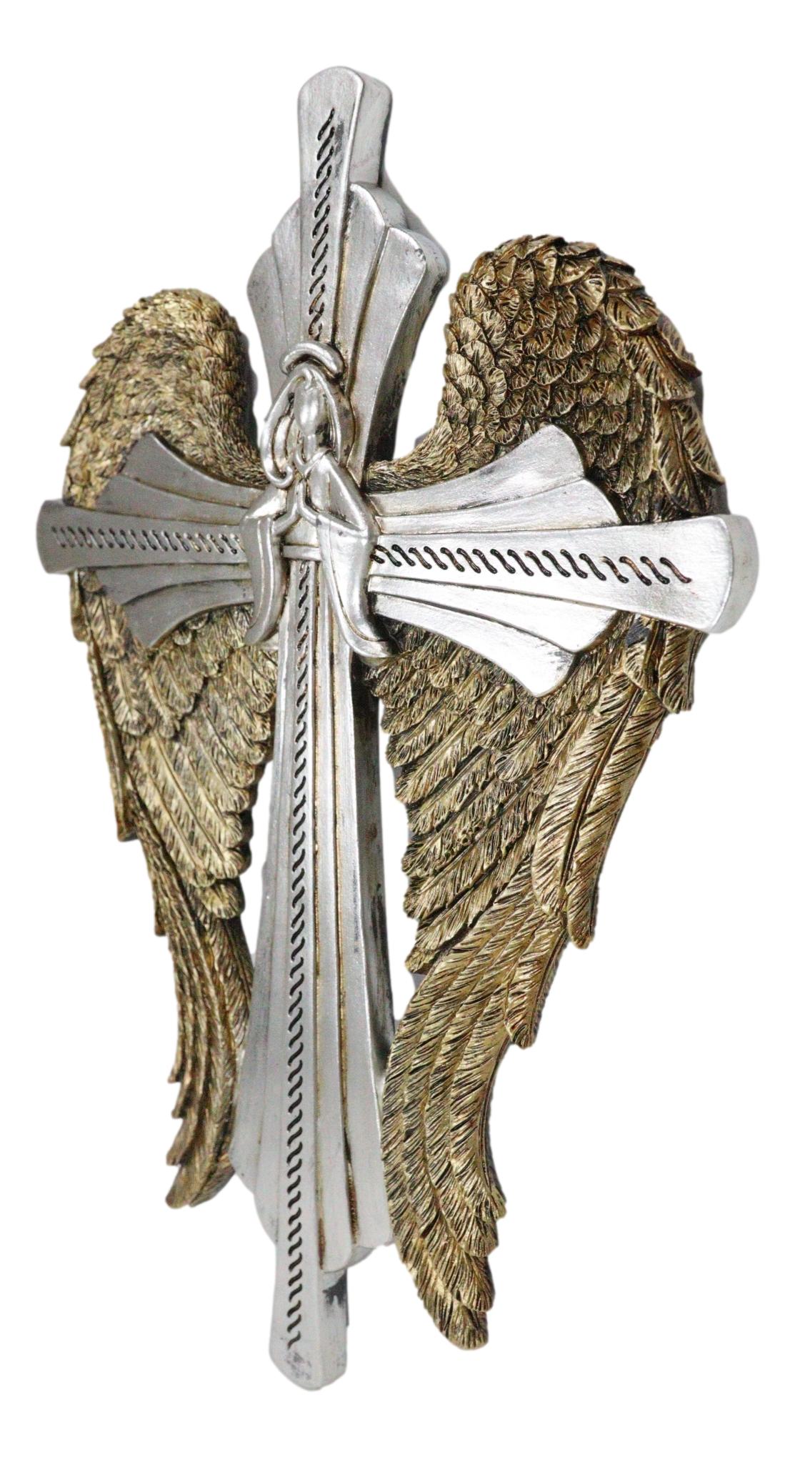Rustic Western Faux Tooled Silver Praying Angel With Golden Wings Wall Cross