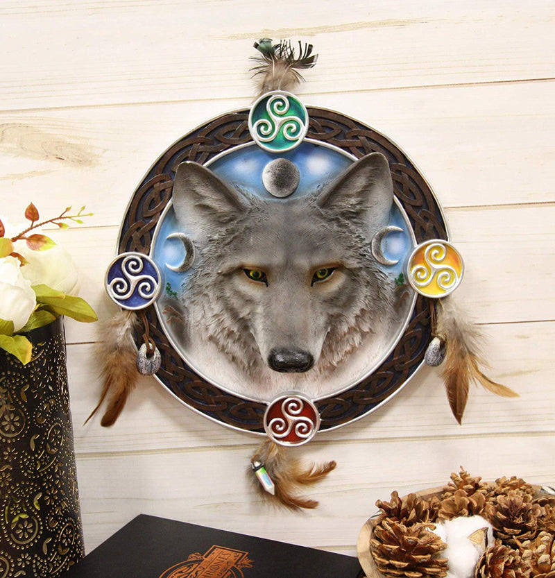 Ebros Large 12" Diameter Triple Goddess Triskele Trinity Celtic Alpha Wolf Round Dreamcatcher with Feathers Wall Hanging Decor Accent Dream Catcher Decoration Hanger for Home and Office Talisman