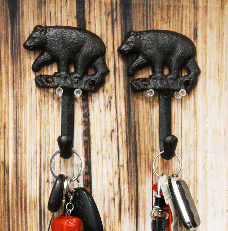 Ebros Set of 2 Rustic Western Black Bear Roaming The Forest Cast Iron Wall Coat Hooks