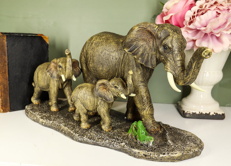 Safari Elephant With 2 Calves Family Statue 14.5"L Elephants Roaming Grasslands