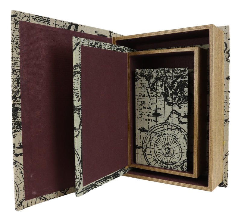 Set Of 3 Old World Nautical Sailor World Map Atlas Decorative Wooden Book Boxes