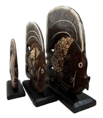 Balinese Wood Handicrafts Tribal Patterned Angel Fish Family Set of 3 Figurines
