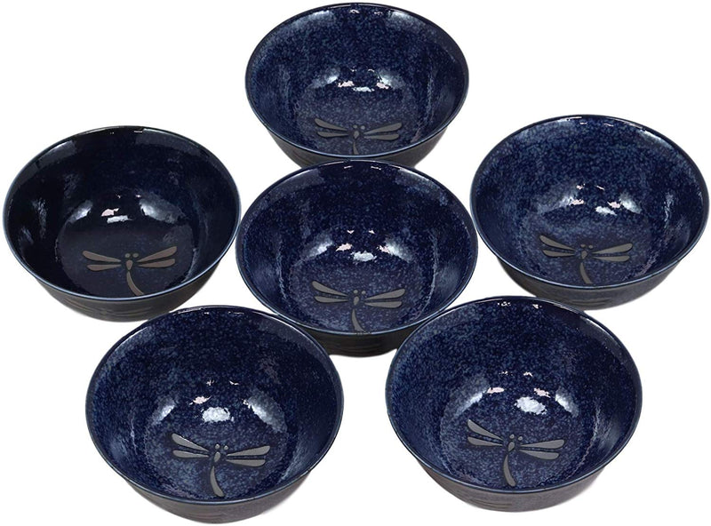 Ebros Japan Made Blue Tombo Dragonfly Ochawan Rice Soup Porcelain Bowls Set of 6