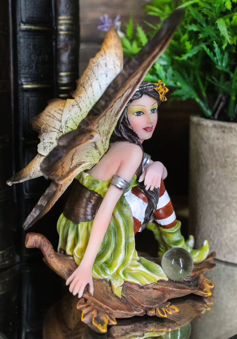 Jolly Christmas Woodlands Elf Fairy With Gazing Ball Sitting On Oak Leaf Statue