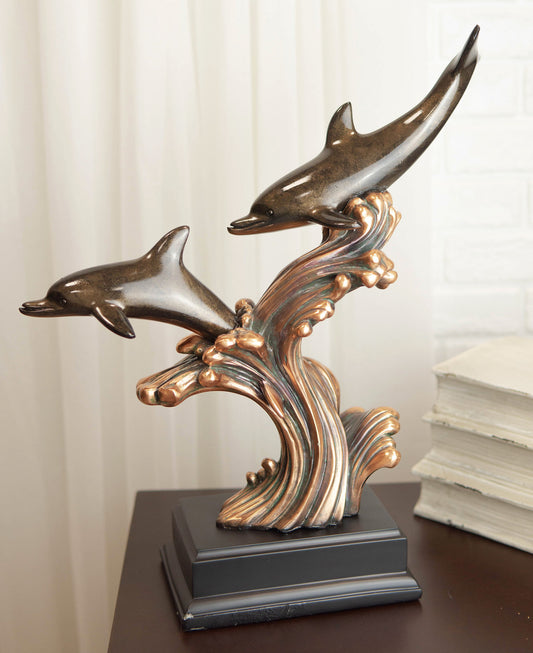 Ebros Nautical Marine 2 Dolphins Surfing Ocean Waves Electroplated Bronze Resin Statue - Ebros Gift