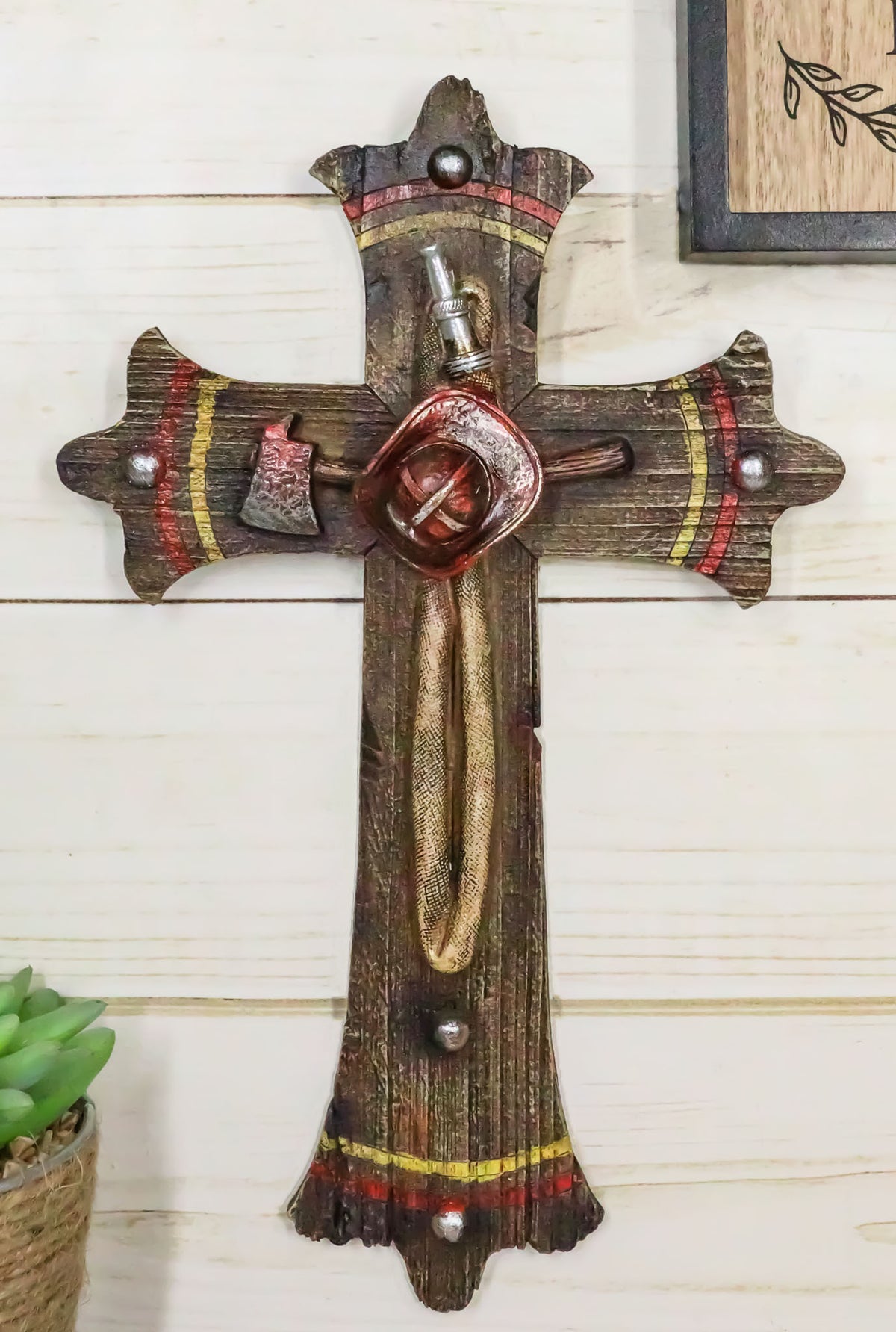 Rustic Fire Fighter Tools Fireman Axe Helmet Water Hose Faux Wood Wall Cross